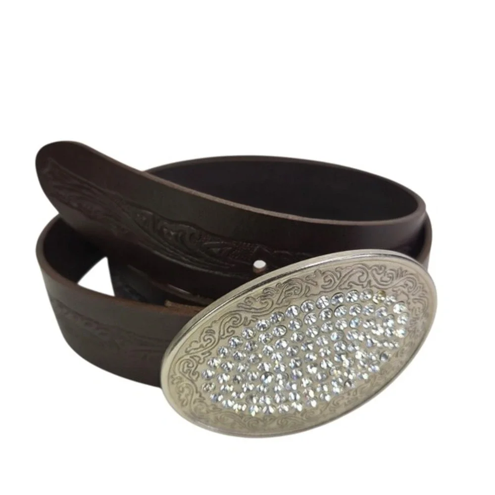 Abercrombie Fitch Brown Tooled Leather Rhinestone Oval Buckle Italy Belt Size M